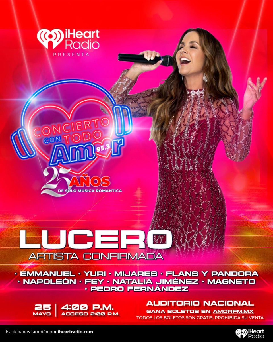 LuceroMexico's tweet photo. Este 25 de mayo nos vemos en el Auditorio Nacional para celebrar juntos los 25 años de @Amor95.3FM 🎶✨
Grandes artistas en una tarde de festejo… ¡no se lo pueden perder! ♥️🎤 https://t.co/mwsF7C7cwm