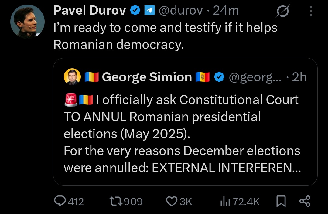🇷🇴 Pavel Durov stated that he is ready to come to Romania to testify about France's interference in the Romanian elections

Durov revealed that French intelligence had approached him, demanding that he censor Romanian conservative voices on his platform, Telegram