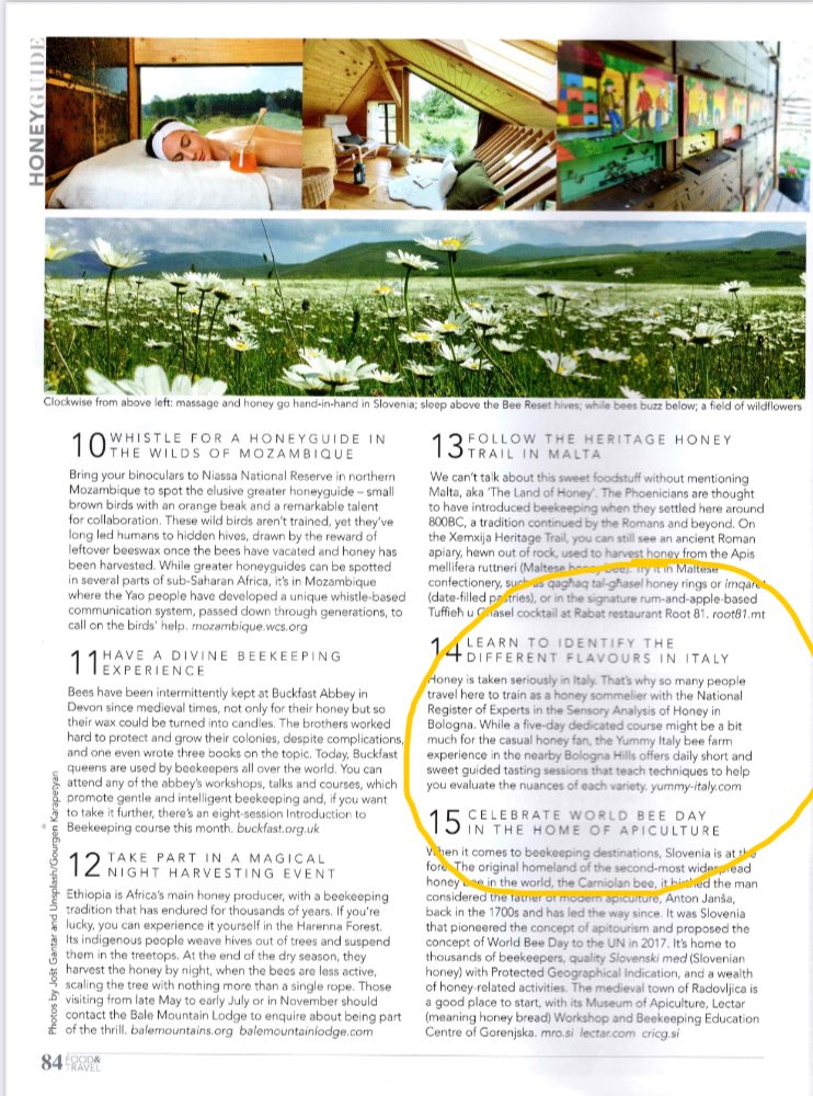 Today is #WorldBeeDay and we were featured in <a href="/FoodandTravelHQ/">Food and Travel magazine</a> for our Bee Farm Tour in the Bologna Hills. Thanks 🙏🏼 🤩. For more info on experiencing the joys of our little magical friends 🐝 , check out our bio.
#BeeDay #BeeHappy #SlowFood #ItalyFood #FoodTours #InEmiliaRomagna