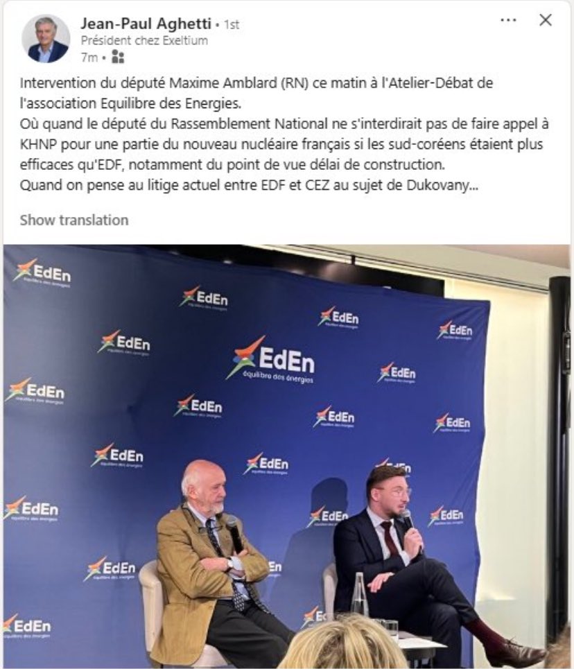 Bonjour <a href="/MaximeAmblard5/">Maxime Amblard</a>. Vous confirmez vouloir mettre EDF en concurrence avec la Corée du Sud pour construire du nucléaire sur notre sol?

Je croyais que la mise en concurrence d’EDF et les opérateurs étrangers étaient selon le RN à écarter….

(Cc <a href="/tomas_lamy/">TL</a>)