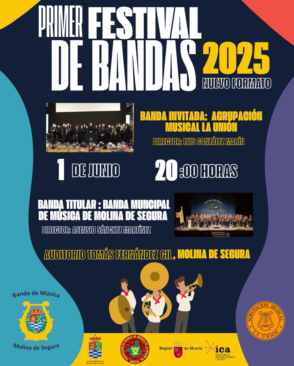 ¡No te pierdas el Primer Festival de Bandas de Molina de Segura 2025 con nuevo formato! Estaremos la Banda Municipal de Música de Molina de Segura y como banda invitada, la Agrupación Musical La Unión. 🗓️ 1 de junio ⏰ 20:00 horas 📍 Auditorio Tomás Fernández Gil. ¡Te esperamos!