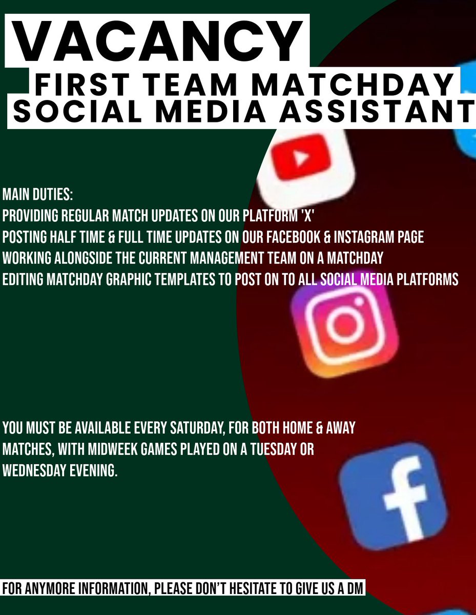 𝘽𝙚 𝙖𝙥𝙖𝙧𝙩 𝙤𝙛 𝙩𝙝𝙚 𝙍𝙚𝙘 𝙛𝙖𝙢𝙞𝙡𝙮 💚

We currently have two vacancies within our First Team set up🤝

👕 Kit Manager
💻 Matchday Social Media Assistant

For more information drop us a DM ✉️