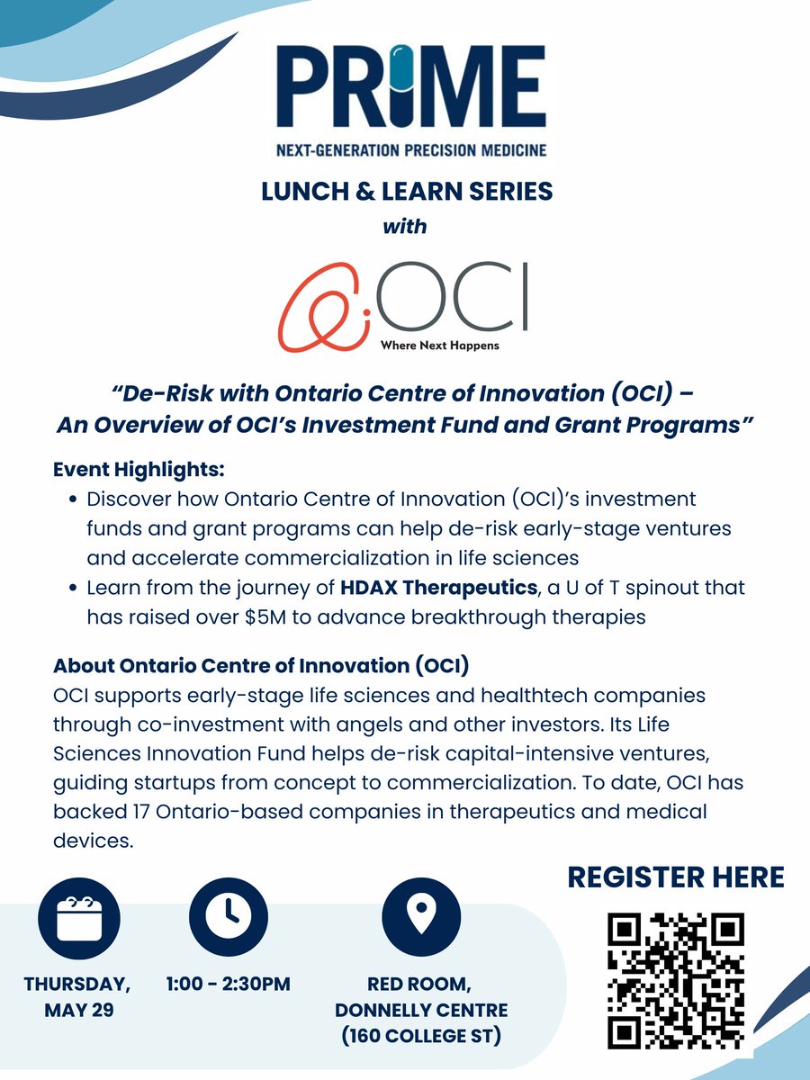 PRiME - Precision Medicine Initiative at UofT (@uoftprime) on Twitter photo Join us on May 29 for the PRiME Lunch & Learn with <a href="/OCInnovation/">Ontario Centre of Innovation (OCI)</a> to explore how OCI helps de-risk early-stage life sciences ventures. Featuring a fireside chat with <a href="/HDAXtx/">HDAX Therapeutics</a> CEO <a href="/NabanitaNawar/">Nabanita Nawar, PhD</a>. 1:00–2:30pm at Red Room, Donnelly Centre. Register: public.eve.utoronto.ca/events/5711. Join us on May 29 for the PRiME Lunch & Learn with <a href="/OCInnovation/">Ontario Centre of Innovation (OCI)</a> to explore how OCI helps de-risk early-stage life sciences ventures. Featuring a fireside chat with <a href="/HDAXtx/">HDAX Therapeutics</a> CEO <a href="/NabanitaNawar/">Nabanita Nawar, PhD</a>. 1:00–2:30pm at Red Room, Donnelly Centre. Register: public.eve.utoronto.ca/events/5711.