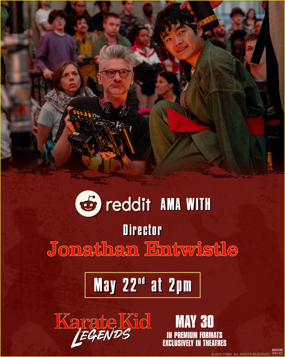 Karate Kid: Legends (@karatekidmovie) on Twitter photo Lock in! Karate Kid: Legends director Jonathan Entwistle will be answering all your #KarateKidMovie questions on <a href="/Reddit/">Reddit, Inc.</a> on Thursday 5/22 at 2pm PT/5pm PT! 🎬 Lock in! Karate Kid: Legends director Jonathan Entwistle will be answering all your #KarateKidMovie questions on <a href="/Reddit/">Reddit, Inc.</a> on Thursday 5/22 at 2pm PT/5pm PT! 🎬
