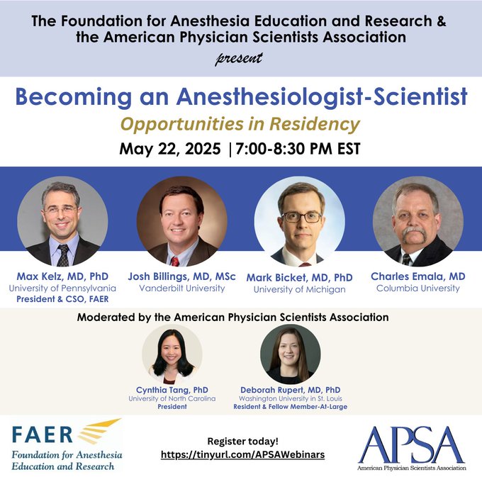 FAER (@faeranesthesia) on Twitter photo “Becoming an Anesthesiologist-Scientist” webinar is almost here - happening 5/22, 7-8:30pm EST!
Moderated by <a href="/A_P_S_A/">APSA</a>, this session offers insights from #FAERgrantees & leaders on how to thrive when pursuing #anesthesiology #research. Register at 5/22 on physicianscientists.org/page/interacti… “Becoming an Anesthesiologist-Scientist” webinar is almost here - happening 5/22, 7-8:30pm EST!
Moderated by <a href="/A_P_S_A/">APSA</a>, this session offers insights from #FAERgrantees & leaders on how to thrive when pursuing #anesthesiology #research. Register at 5/22 on physicianscientists.org/page/interacti…