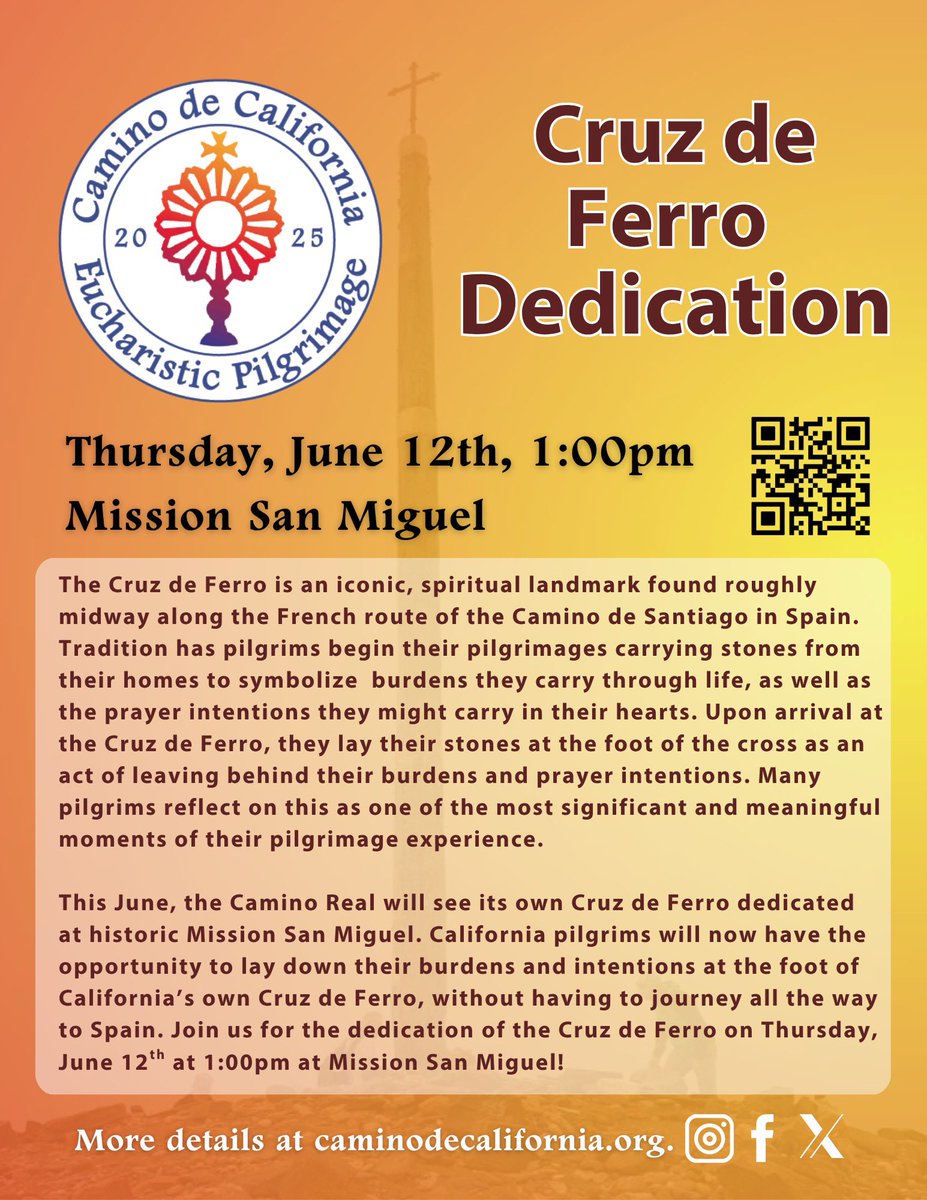 CAMINOdeCA2025's tweet photo. Come bring your burdens, symbolized by stones, and lay them at the foot of the cross during the Cruz de Ferro Dedication at Mission San Miguel on Day 7 of the Camino de California Eucharistic Pilgrimage! 🔔⛪️🙏 https://t.co/tPEmEUdduv
