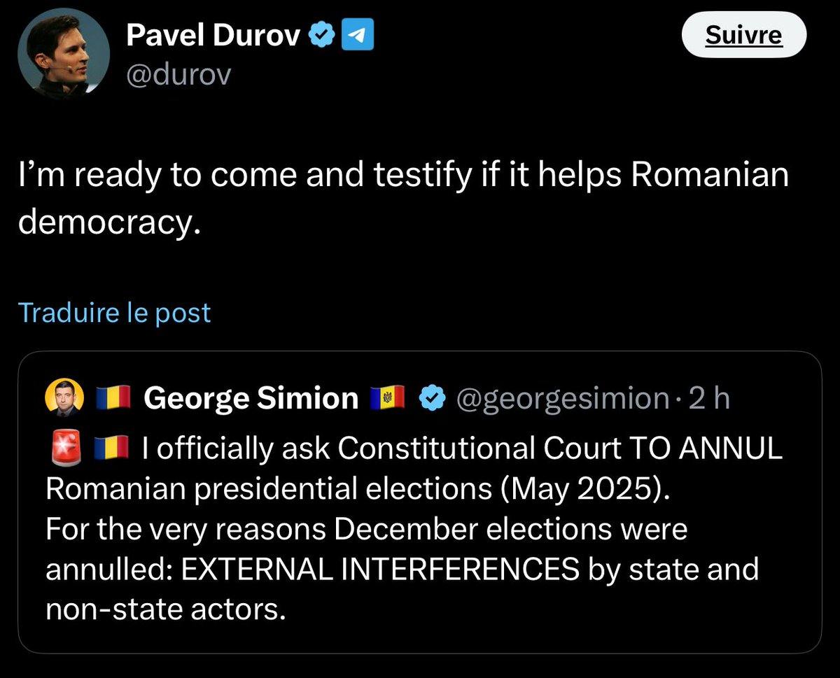 ⚠️🇫🇷🇷🇴 INTERFÉRENCES FRANÇAISES ?! GEORGE SIMION DÉPOSE UN RECOURS

🔷 Le fondateur de Telegrams dit DÉTENIR DES PREUVES d’ingérence électorale étrangère

🔎 George Simion, président de l’Alliance pour l’Union des Roumains et vice-président du groupe ECR, demande l’annulation