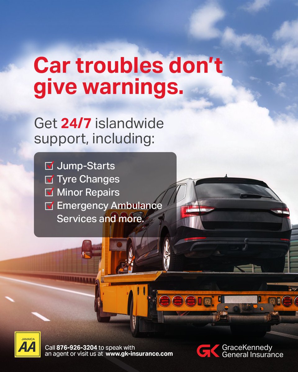 One minute you're cruising, the next… you're stuck!😩 

Don't get caught off guard GKGI + JAA Roadside Assistance has you covered 24/7! 🚗💨

#GKGI #JAA