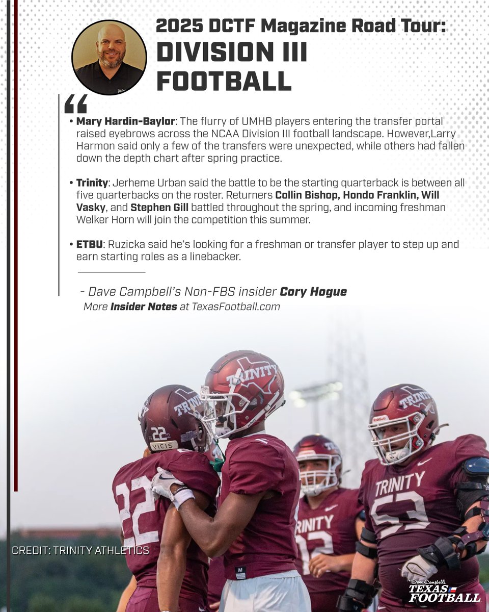 Dave Campbell's Texas Football — TexasFootball.com (@dctf) on Twitter photo INSIDER NOTES: Division III!
<a href="/CoryHogueSports/">Cory Hogue</a> has the goods on #D3fb programs like <a href="/CruFootball/">UMHB Football🏈</a>, <a href="/Trinity_U/">Trinity University</a>, <a href="/ETBU_Football/">ETBU Football</a> & more as part of our 2025 magazine road tour. 🚗
#DCTF #TexasFootball #CollegeFootball #DivisionIII
Full story:
texasfootball.com/article/2025/0… INSIDER NOTES: Division III!
<a href="/CoryHogueSports/">Cory Hogue</a> has the goods on #D3fb programs like <a href="/CruFootball/">UMHB Football🏈</a>, <a href="/Trinity_U/">Trinity University</a>, <a href="/ETBU_Football/">ETBU Football</a> & more as part of our 2025 magazine road tour. 🚗
#DCTF #TexasFootball #CollegeFootball #DivisionIII
Full story:
texasfootball.com/article/2025/0…