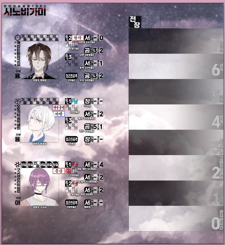 시노비가미 3인 맵세팅을 배포합니다.
세션 중 인법 간격과 상실 등만을 간단하게 확인하도록 만든 맵입니다.
전장과 상실을 제외한 상태이상 등의 토큰은 포함되어 있지 않습니다(이미지는 이전에 배포한 4인맵세팅의 토큰 사용).
postype.com/@3rd-bg/post/1…