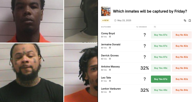 Polymarket's tweet photo. PRISONER PARLAYS?

You can now bet on which inmates from the New Orleans jailbreak will be captured by Friday.