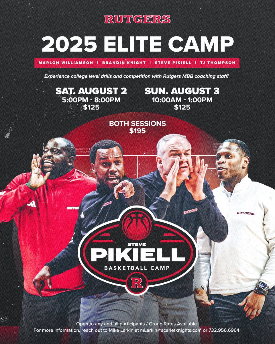 Rutgers Men’s Basketball 🏀 (@rutgersmbb) on Twitter photo Reminder that registration is open for the 2nd Annual <a href="/CoachPikiell/">Steve Pikiell</a> Elite Camp.
Designed for players ready to experience college level drills and competition, our elite camp is open to all participants ready to learn from our staff.
🔗: rb.gy/movdqg Reminder that registration is open for the 2nd Annual <a href="/CoachPikiell/">Steve Pikiell</a> Elite Camp.
Designed for players ready to experience college level drills and competition, our elite camp is open to all participants ready to learn from our staff.
🔗: rb.gy/movdqg