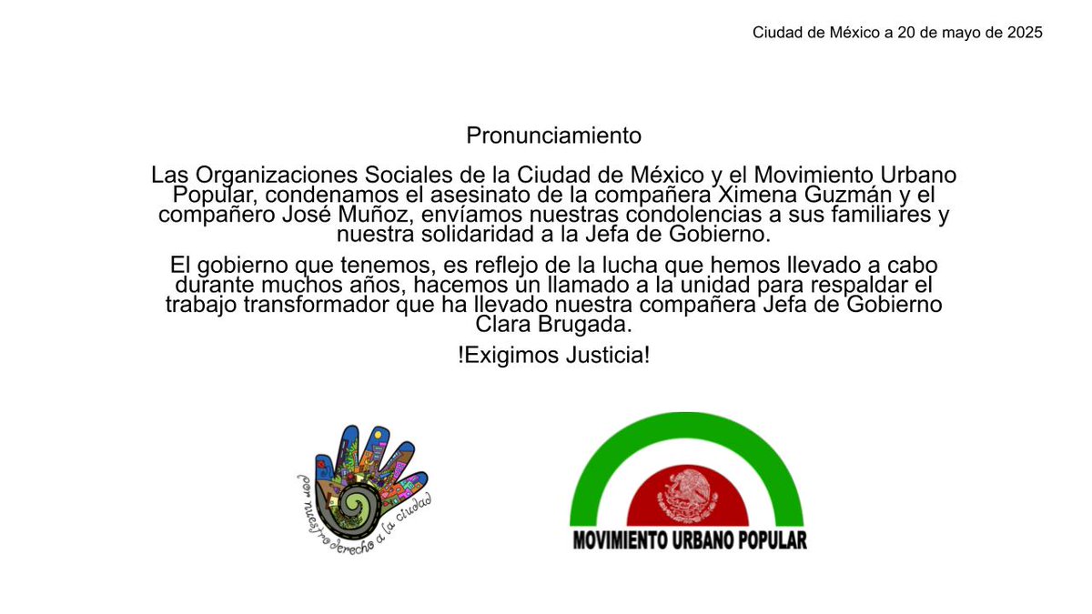 uprez's tweet image. ¡Nada detendrá la transformación de la Ciudad de México!
¡Todo el respaldo al gobierno de la ciudad de México!
¡Justicia a la compañera Ximena Guzmán y al compañero José Muñoz!
Envíamos nuestra más sinceras condolencias a familiares y amigos.
