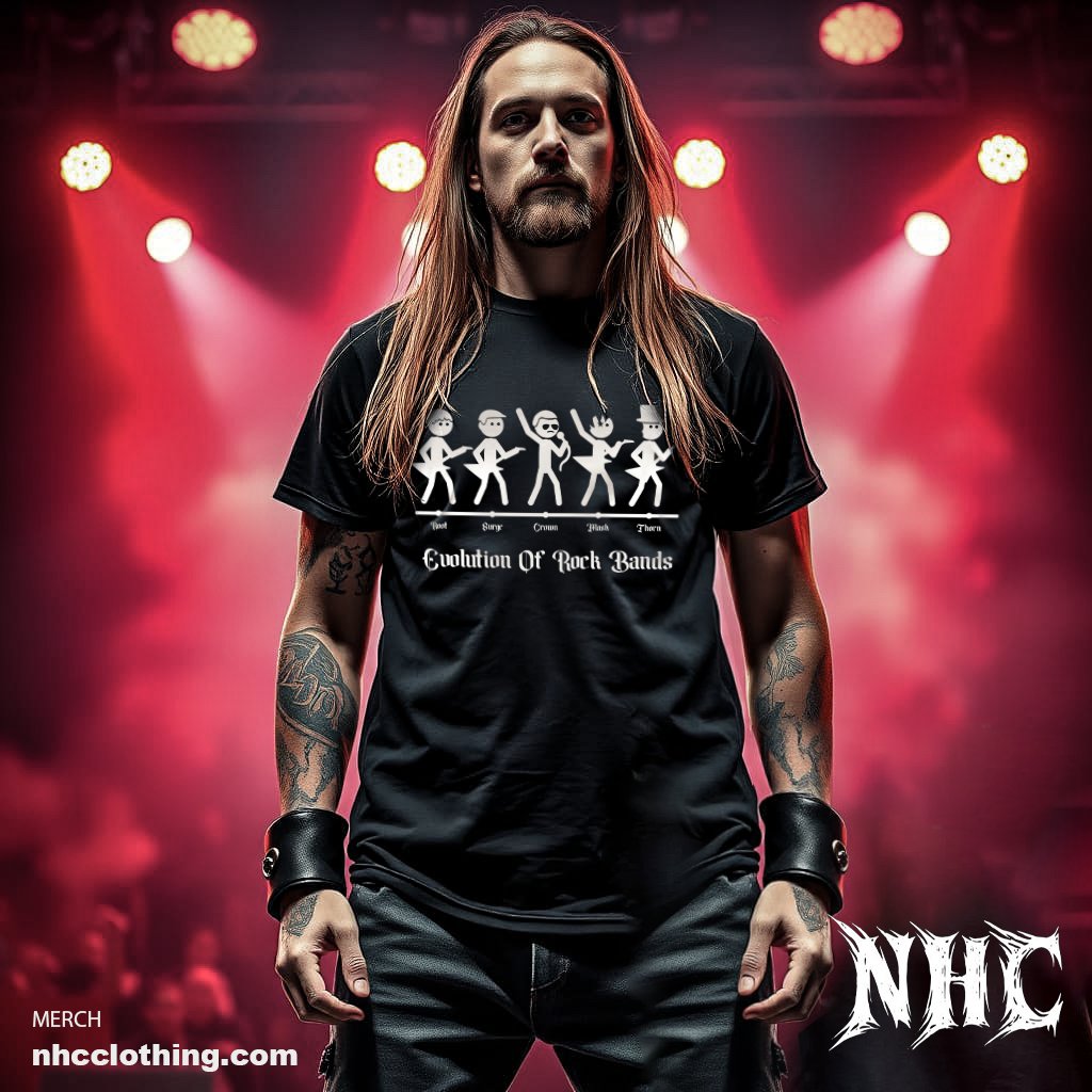 NHC_clothing's tweet image. &quot;Rock history in stick figures! 😂🤘 &apos;Evolution of Rock Bands&apos; tee honors The Beatles to Slash 🎸 with humor. Perfect for fans! 
Get yours at NHC Clothing 🔥!
nhcclothing.com/#!/evolution+o…

#RockHistory #PunkHumor #BandMerch #TheBeatles #NHCClothing #RockTshirt&quot;