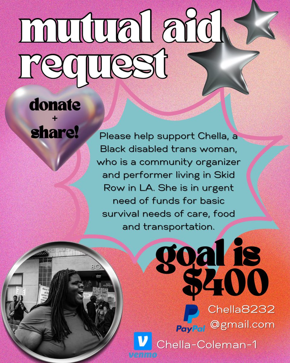 badgalmeggy's tweet photo. A Black disabled trans woman living in Skid Row urgently needs your help paying for basic survival needs.

💓PayPal: Chella8232@gmail.com 
💓Venmo: Chella-Coleman-1 https://t.co/Wz8gWTQBCo