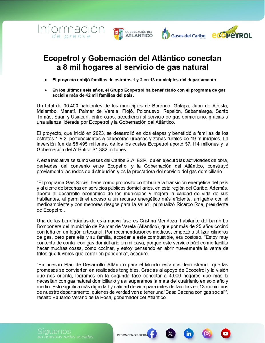 ECOPETROL_SA's tweet photo. #BuenasNoticias |🔌 ¡8.000 hogares del Atlántico ahora cuentan con gas natural!
Gracias a la alianza entre Ecopetrol y la Gobernación de Atlántico, familias de 19 municipios mejoran su calidad de vida con energía limpia y segura. 
Lee el #ComunicadoDePrensa completo aquí 👇 https://t.co/Oh3Y1Ik8yS