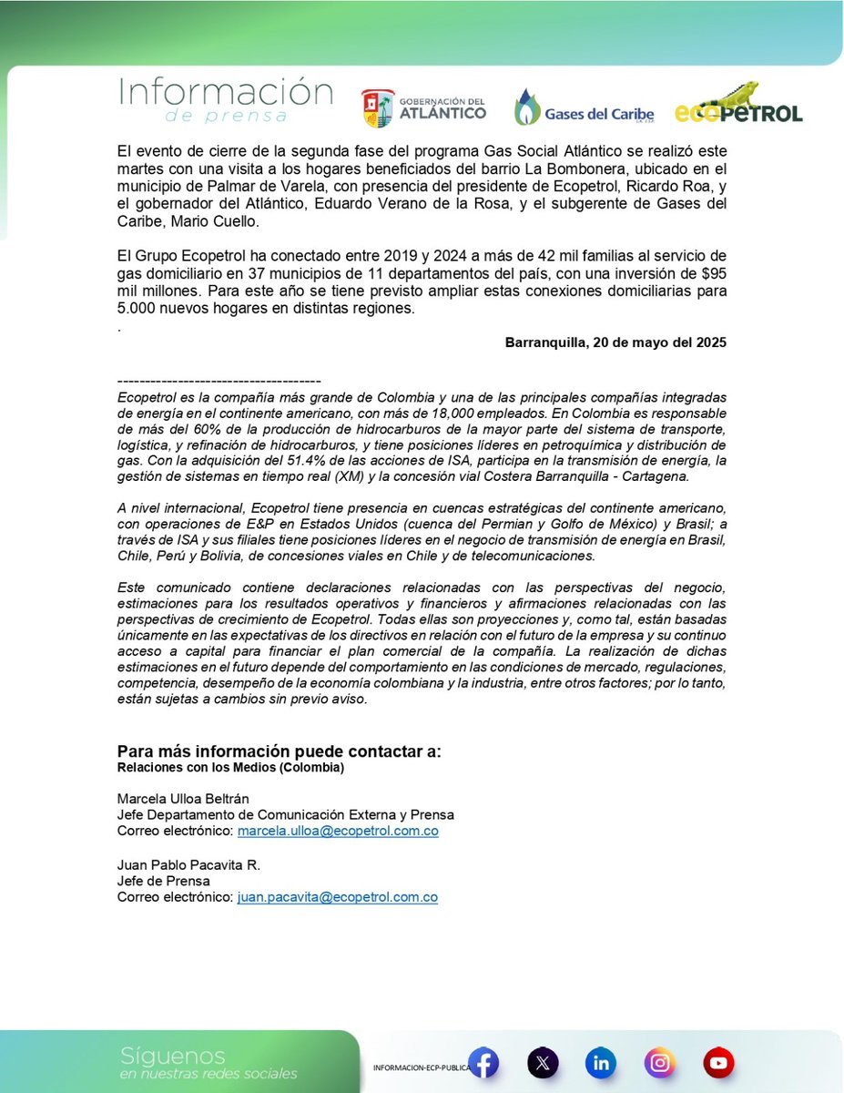 ECOPETROL_SA's tweet photo. #BuenasNoticias |🔌 ¡8.000 hogares del Atlántico ahora cuentan con gas natural!
Gracias a la alianza entre Ecopetrol y la Gobernación de Atlántico, familias de 19 municipios mejoran su calidad de vida con energía limpia y segura. 
Lee el #ComunicadoDePrensa completo aquí 👇 https://t.co/Oh3Y1Ik8yS