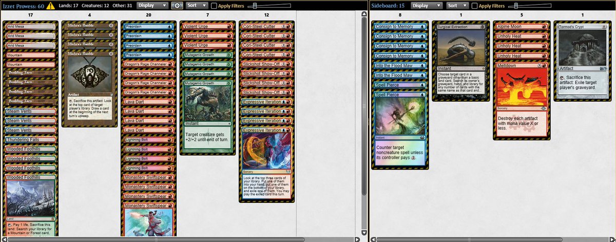 Illuminatea777's tweet photo. I put together a quick sideboard sheet for the Izzet Prowess list that I split this RCQ with. I’ve only been testing for a little bit, but I’ve really enjoyed the absurd kills you can pull out of nowhere. It’s free — any feedback and likes/RTs are appreciated! ✌️
@fireshoes https://t.co/SY1MJhTBmj