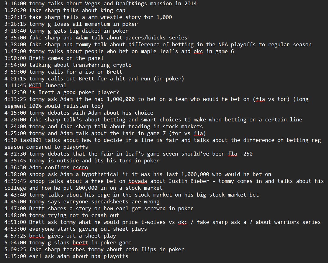 Here's the timestamps from yesterday’s show from our PAID prodigy (sorry <a href="/BJcovers/">BJ</a>)