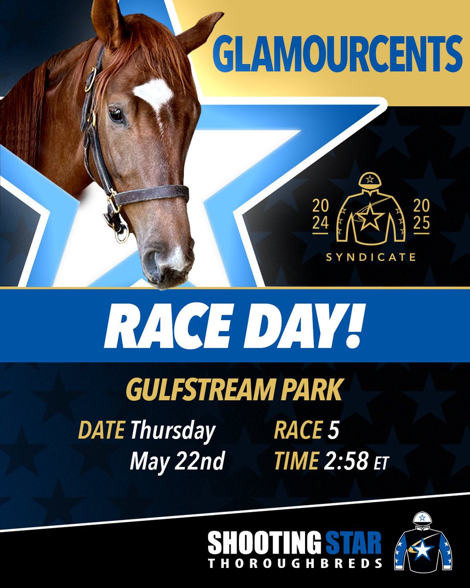 RACE DAY ALERT! GLAMOURCENTS is entered at Gulfstream Park this Thursday, May 22nd in Race 5 with Edgard Zayas aboard! Best of luck to Glamz and all of the Members!  #Goldencents #3yofilly #KYBred