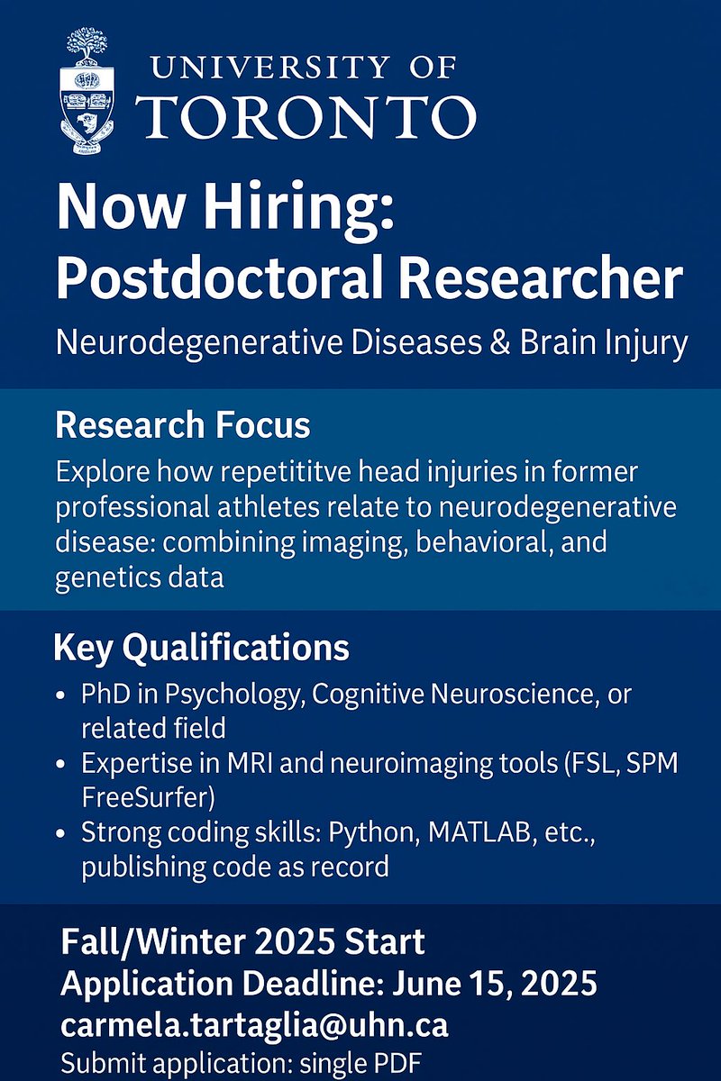 Canadian Concussion Centre (@uhnconcussions) on Twitter photo We're hiring a Postdoc!
Study the impact of repetitive head injuries in pro athletes with <a href="/MC_Tartaglia/">CarmelaTartaglia</a> at <a href="/UofT/">University of Toronto</a>. Strong neuroimaging & coding skills a must. Apply by: June 15, 2025.
#Postdoc #Neuroscience #Neuroimaging #AcademicTwitter #UofT We're hiring a Postdoc!
Study the impact of repetitive head injuries in pro athletes with <a href="/MC_Tartaglia/">CarmelaTartaglia</a> at <a href="/UofT/">University of Toronto</a>. Strong neuroimaging & coding skills a must. Apply by: June 15, 2025.
#Postdoc #Neuroscience #Neuroimaging #AcademicTwitter #UofT