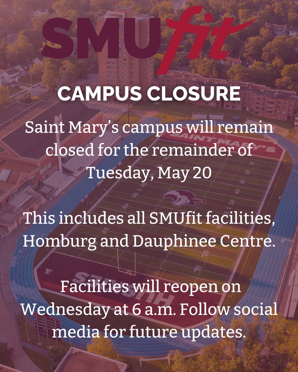 Due to complications from a security incident earlier today, all SMUfit facilities, including the Homburg Centre, Dauphinee Centre and Huskies Stadium are closed for the remainder of Tuesday, May 20.

Regular operations will resume tomorrow at 6 a.m. Thank you for understanding.