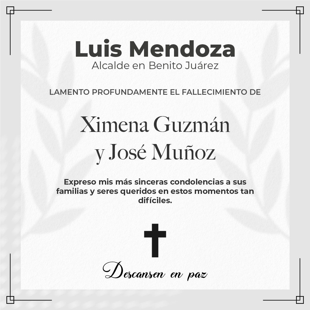 Expreso mi más sentido pésame a las familias de Ximena Guzmán y José Muñoz. Lamento profundamente su partida y me uno a su dolor con respeto y solidaridad. Estoy con ustedes en este difícil momento.
A la Jefa de Gobierno <a href="/ClaraBrugadaM/">Clara Brugada Molina</a> le reitero mi solidaridad y compromiso para