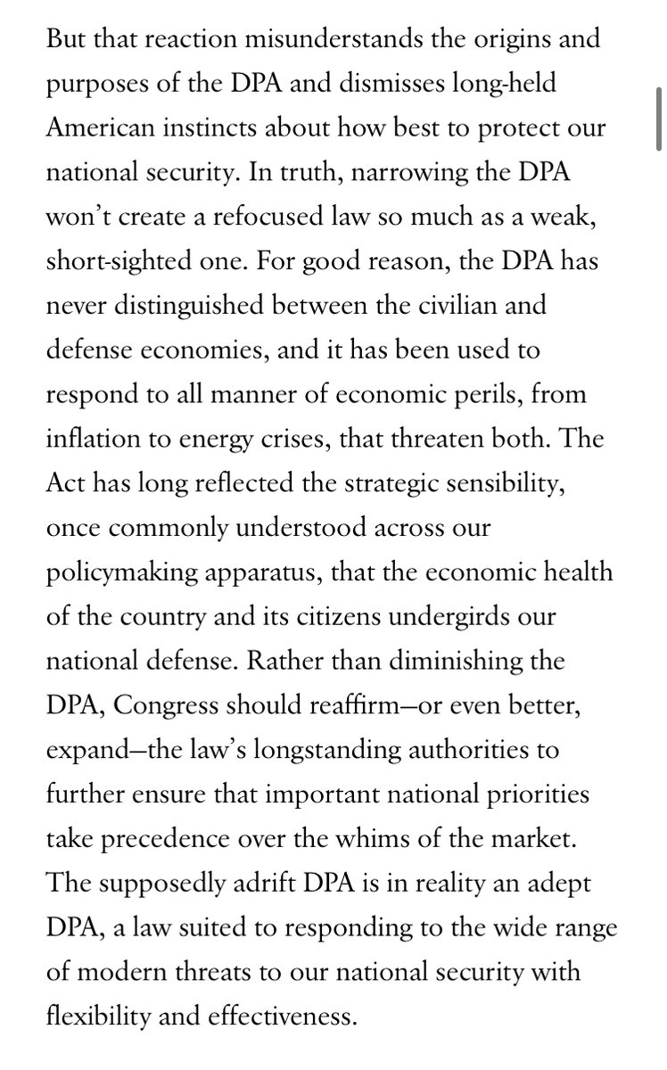 Joel Dodge (@joeldodge07) on Twitter photo Economic security is national security.
I wrote for <a href="/AmericanAffrs/">American Affairs</a> about why efforts to “rein in” the Defense Production Act misunderstand the law's economic origins and purposes, and threaten to weaken both the law and our national security. Economic security is national security.
I wrote for <a href="/AmericanAffrs/">American Affairs</a> about why efforts to “rein in” the Defense Production Act misunderstand the law's economic origins and purposes, and threaten to weaken both the law and our national security.
