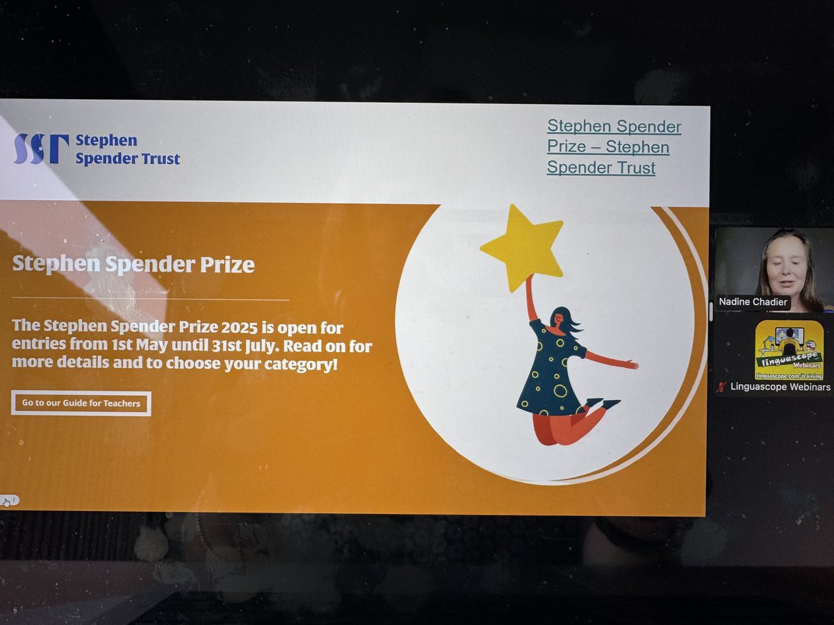 Crista (@cristahazell) on Twitter photo Lots of love for the <a href="/StephenSpender/">Stephen Spender Trust</a> Prize from <a href="/Nadinebleu/">Nadine Chadier FCCT 🇨🇵🇨🇭🇩🇪🇬🇧</a> in tonight’s <a href="/linguascope/">Linguascope</a> webinar #mfltwitterati #mflchat #langchat for making languages come alive Lots of love for the <a href="/StephenSpender/">Stephen Spender Trust</a> Prize from <a href="/Nadinebleu/">Nadine Chadier FCCT 🇨🇵🇨🇭🇩🇪🇬🇧</a> in tonight’s <a href="/linguascope/">Linguascope</a> webinar #mfltwitterati #mflchat #langchat for making languages come alive