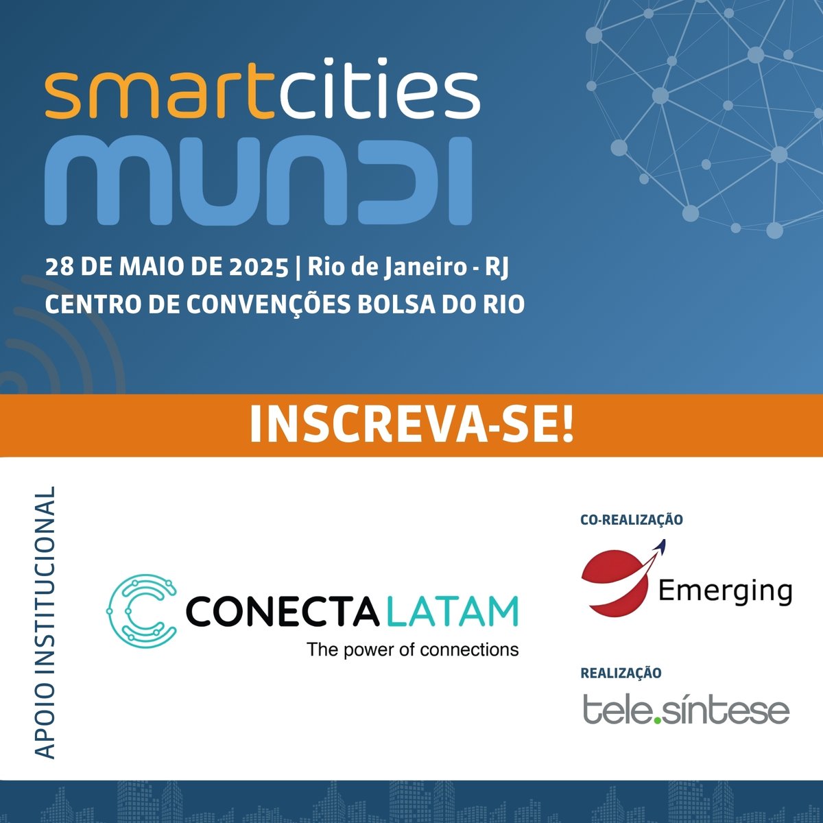 Desconto Exclusivo! Participe do Smart Cities Mundi, 28 de maio, no Rio de Janeiro. Aproveite 30% de desconto com nosso link exclusivo: sympla.com.br/evento/smart-c…

#SmartCities #ConectaLatam <a href="/telesintese/">Telesintese</a>