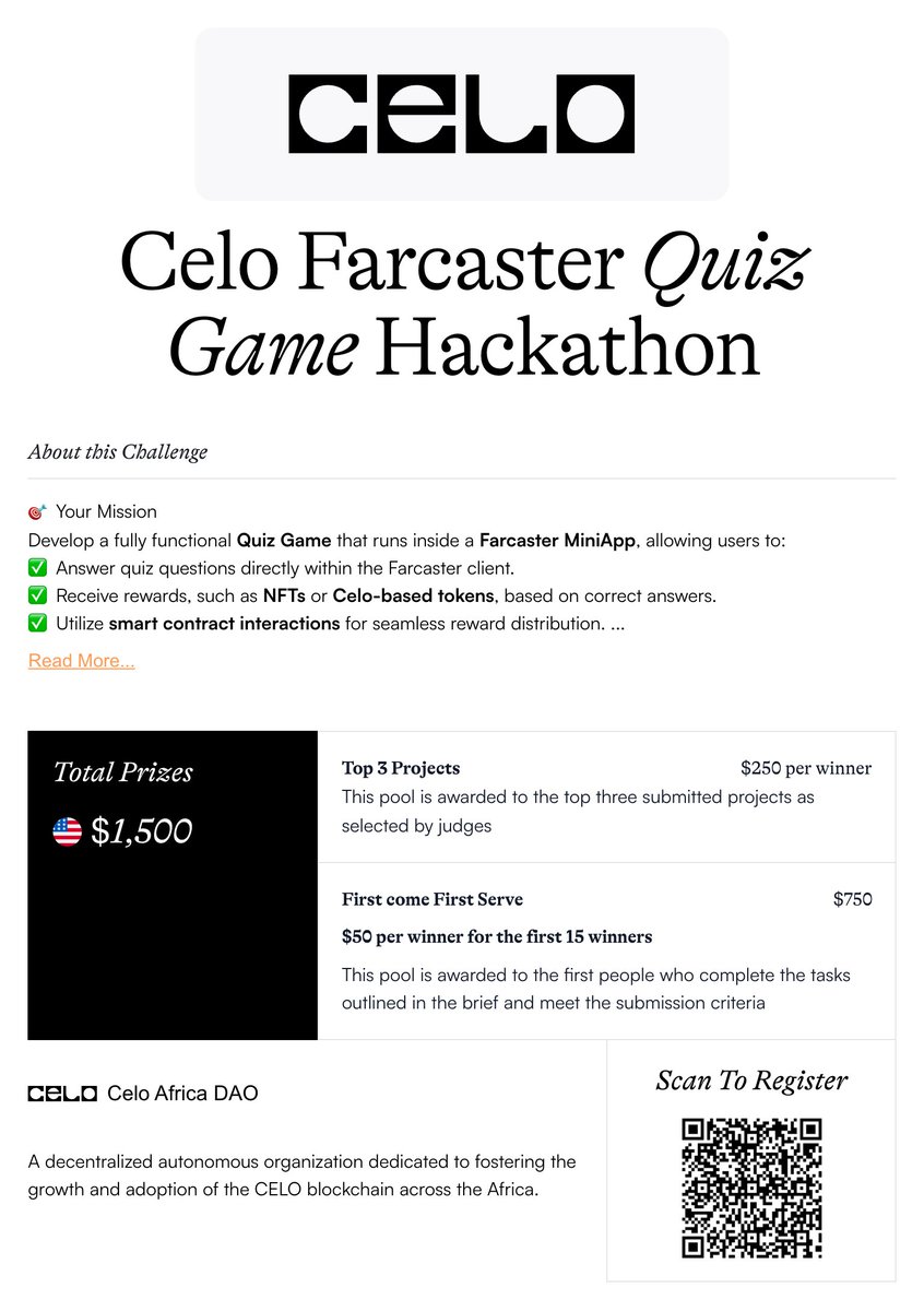 Celo South Africa ๐ฟ๐ฆ (@celosouthafrica) on Twitter photo Ready to build something fun and on-chain?
Create interactive quiz games using Farcaster MiniApps + Celo smart contracts.
Learn, build, and stand a chance to win your share of $1500 in prizes.
Register: hackersdao.com/celo-farcasterโฆ
<a href="/CeloAfricaDao/">Celo Africa DAO</a> #Hackathon #Farcaster Ready to build something fun and on-chain?
Create interactive quiz games using Farcaster MiniApps + Celo smart contracts.
Learn, build, and stand a chance to win your share of $1500 in prizes.
Register: hackersdao.com/celo-farcasterโฆ
<a href="/CeloAfricaDao/">Celo Africa DAO</a> #Hackathon #Farcaster