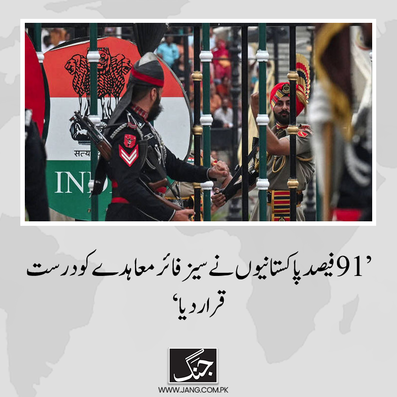 jang_akhbar's tweet image. کیا بھارت سیزفائر معاہدے کی مکمل پابندی کرے گا؟ 52 فیصد پاکستانی پُراعتماد دکھائی دیے۔
تفصیلات جانیے: jang.com.pk/news/1472910
#DailyJang #pakistanindia #Pahalgam #ceasefire
