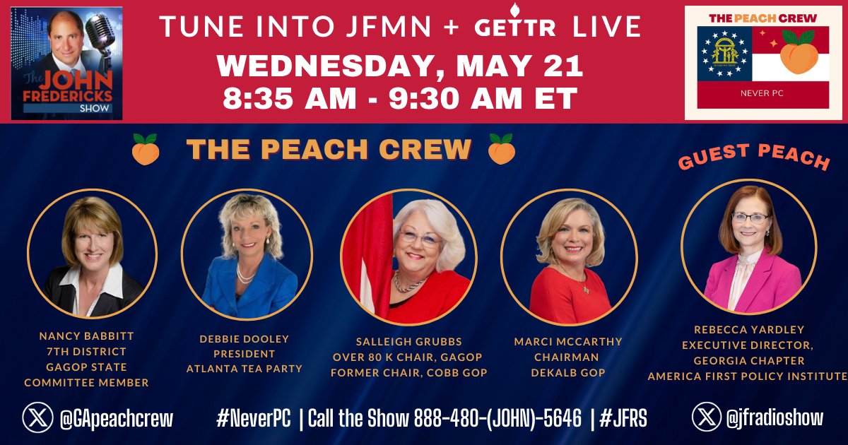 GApeachcrew's tweet photo. 🔥 It’s Dish List time! 🔥 The @GApeachcrew 🍑 is BACK and LIVE on @JFRadioshow this Wednesday, May 21 from 8:35–9:30 AM ET for the hottest hour of #neverPC in #GAPOL!🎙️🔥 .  🍑Joining us this week as our Guest Peach is AFPI's @RYardleyGA!!!

🎉🍾 Huge Congratulations to Peach Crew Chief 🍑 @MarciMcCarthyUS in being appointed by President @realDonaldTrump as the  Director of Public Affairs at @CISAgov.  Marci will be a D.C. neighbor to @jfradioshow and "Beach Bucks" 💵 @beachforga

🦅 President Trump clearly has "Georgia On His Mind" 🍑 with many of his Presidential Appointments going to Georgians.  🚨🚨

💋 It’s bold. It’s brazen. It’s unapologetically Peachy. 🍽️ Here’s what’s on The Dish List this week:

🪰 Fly on the wall: Georgia U. S. Senate Sweepstakes : Will a dark horse 🐎 emerge to run?

🪨Rock Bottoms - Former ATL Mayor @KeishaBottoms   announced she is running for GA Governor, will other Democrats announce ? 👀

👨🏻Cosmo Man aka @GeoffDuncanGA 🤯 advises Democrats to form their version of the Tea Party Movement 🫖 so they will stop losing. 🤣

🏆 YUGE! Georgia legend 🏈 @HerschelWalker endorses @JoshMcKoon : After stacking up endorsements from activists, insiders, Georgia elected officials, and President Trump, @GaRepublicans Chairman Josh McKoon scores the coveted endorsement of Herschel Walker. 👍🇺🇸

🚨 Convention Countdown: All Red Carpets Lead to Dalton: Forget the Real Housewives — the @GaRepublicans State Convention rolls into the carpet capital June 6–7, and the drama is extra nasty. From floor fights to the anonymous sub stacks to whisper campaigns, this one’s gonna need subtitles, bleeps and band-aids. 🛋️📺🍑

🔮 @GApeachcrew Crystal Ball: We’re bringing the 🔥 with our unfiltered takes on what devils 😈are really doing in Georgia politics. Spoiler alert: it’s not what the press releases say. Buckle up, Georgia. 💣👠🎯

📞 Call in: 888-480-5646
🖥️ Watch on: ROKU, Amazon FireTV, or AppleTV → https://t.co/JuHOjkdRE9
📺 GETTR: https://t.co/7TIeX6tKkw
💻 Stream on X: https://t.co/oIjhKC3BBa
▶️ YouTube: https://t.co/s935oor0aI
📲 Download the App: https://t.co/oFECsLoL8R

👥🍑 The Peach Crew joins @JFRadioshow weekly on Wednesdays at 8:35 AM ET—featuring:
@MarciMcCarthyUS | @NancyBabbitt7 | @gagopover80k | @Crimsontider
🔥 Don’t miss it! 💪