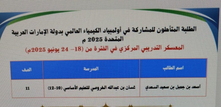 #فعاليات_تعليمية_شمال_الباطنة
#تعلم_مستدام
تأهل الطالب أسعد بن جميل السعدي من الصف الحادي عشر بمدرسة غسان بن عبدالله الخروصي للمشاركة في أولمبياد الكيمياء العالمي بدولة الإمارات العربية المتحدة للعام ٢٠٢٥م