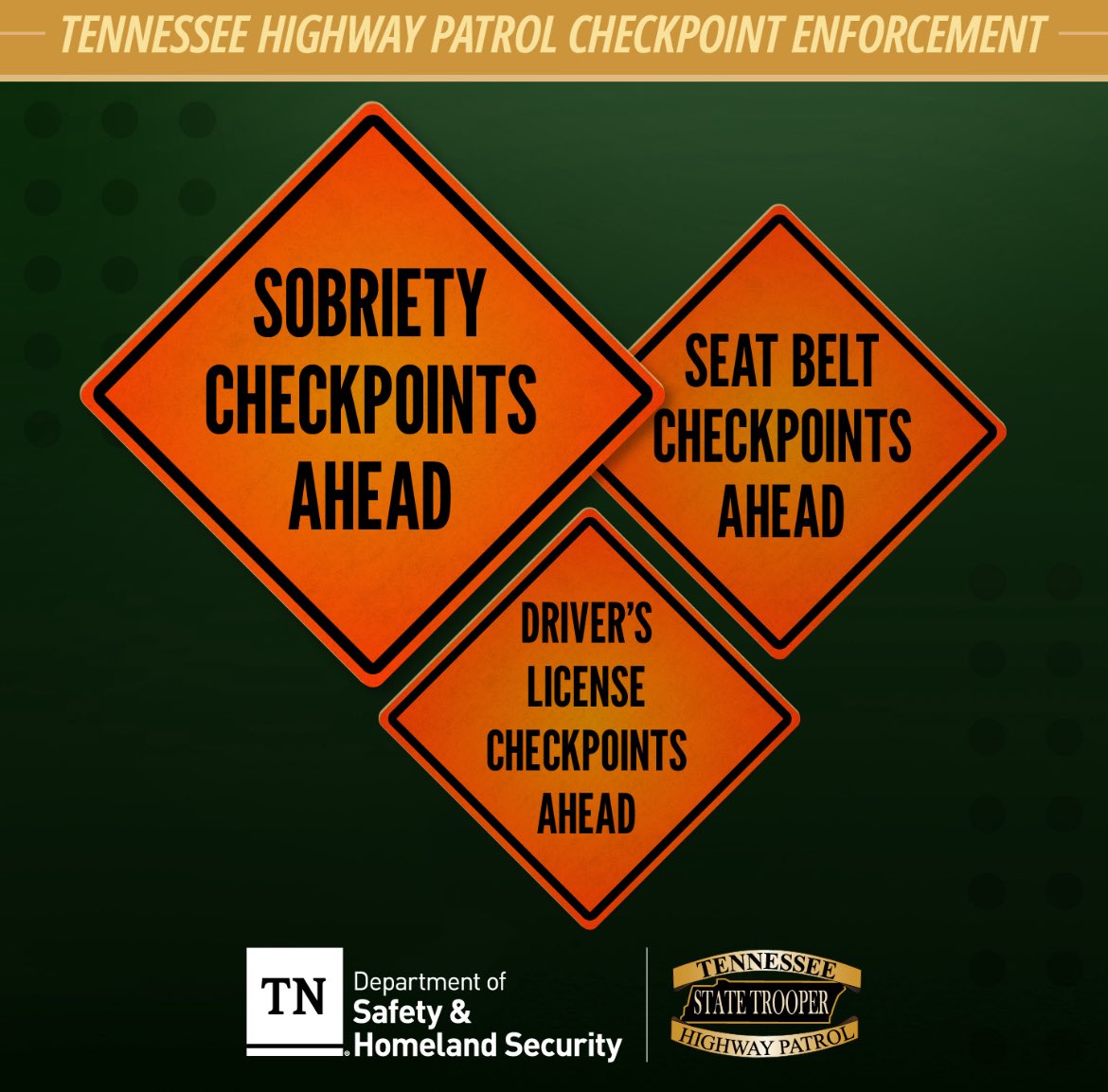 Troopers will be holding checkpoints during June to promote safe driving. Please designate a sober driver or arrange a ride share. Do not get behind the steering wheel and attempt to drive under the influence of alcohol or drugs. Make the safe choice. 
tn.gov/content/dam/tn…