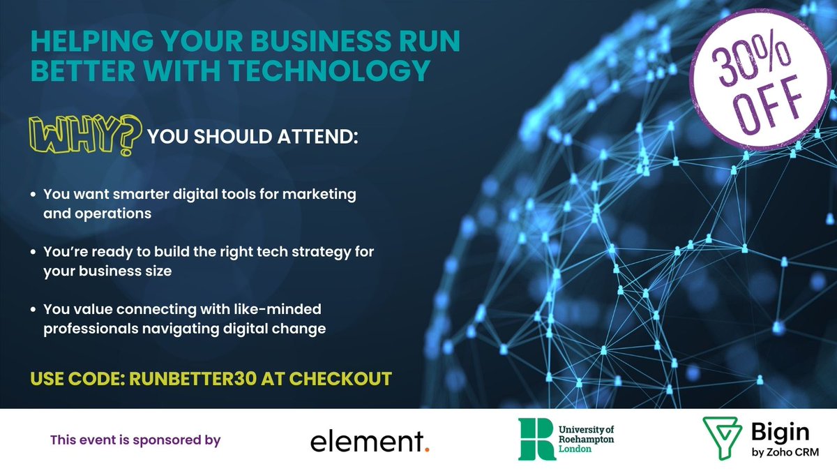Feeling overwhelmed by clunky systems?

Join us Tues 3 June at Morden Hall for a hands-on small biz tech workshop — tools, tips &amp; networking (plus coffee &amp; pastries)!

🎟️ 30% off today only with code RUNBETTER30 → mertonchamber.co.uk/event/helping-…
#WorkSmarter #SmallBizTech
