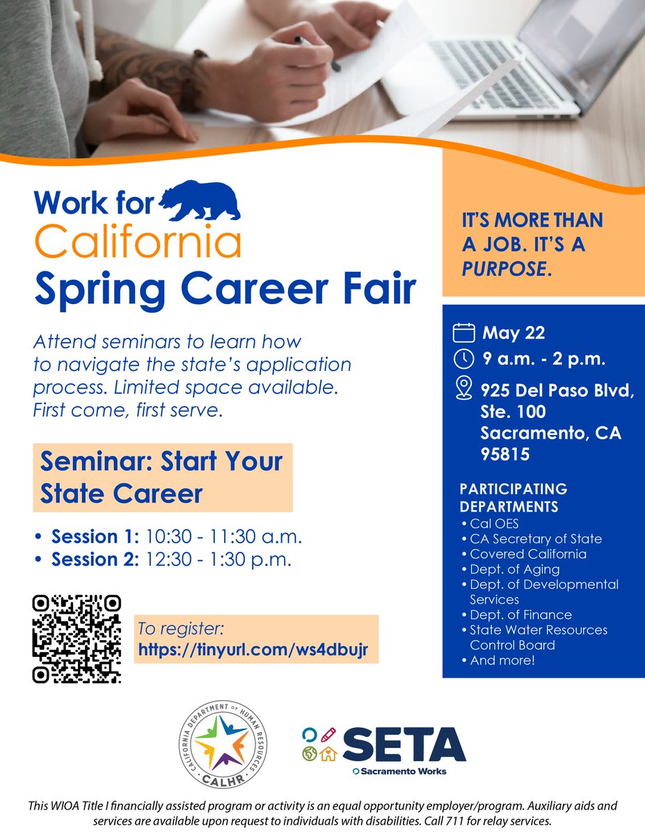 🌟Are you looking to take the next big step in your career? Or maybe you're exploring your options and want to see what else is out there? Join us at the #Work4CA Spring Career Fair! 🌷

📆 May 22
⌚ 9 a.m. – 2 p.m.
📍 925 Del Paso Blvd, Sacramento
🔗 tinyurl.com/ws4dbujr
