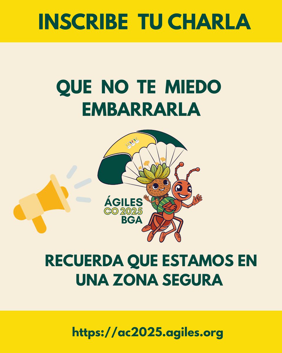 AgilesColombia's tweet photo. ¿Tienes una idea, experiencia o proyecto que te emociona? 

💥 Súmate a nuestras Charlas Relámpago y comparte tu pasión en pocos minutos con una presentación breve, poderosa y auténtica.

✨ ¡Atrévete a subir al escenario y deja tu huella!

#ÁgilesColombia2025 #ACO25 https://t.co/9XMnGh9CZZ