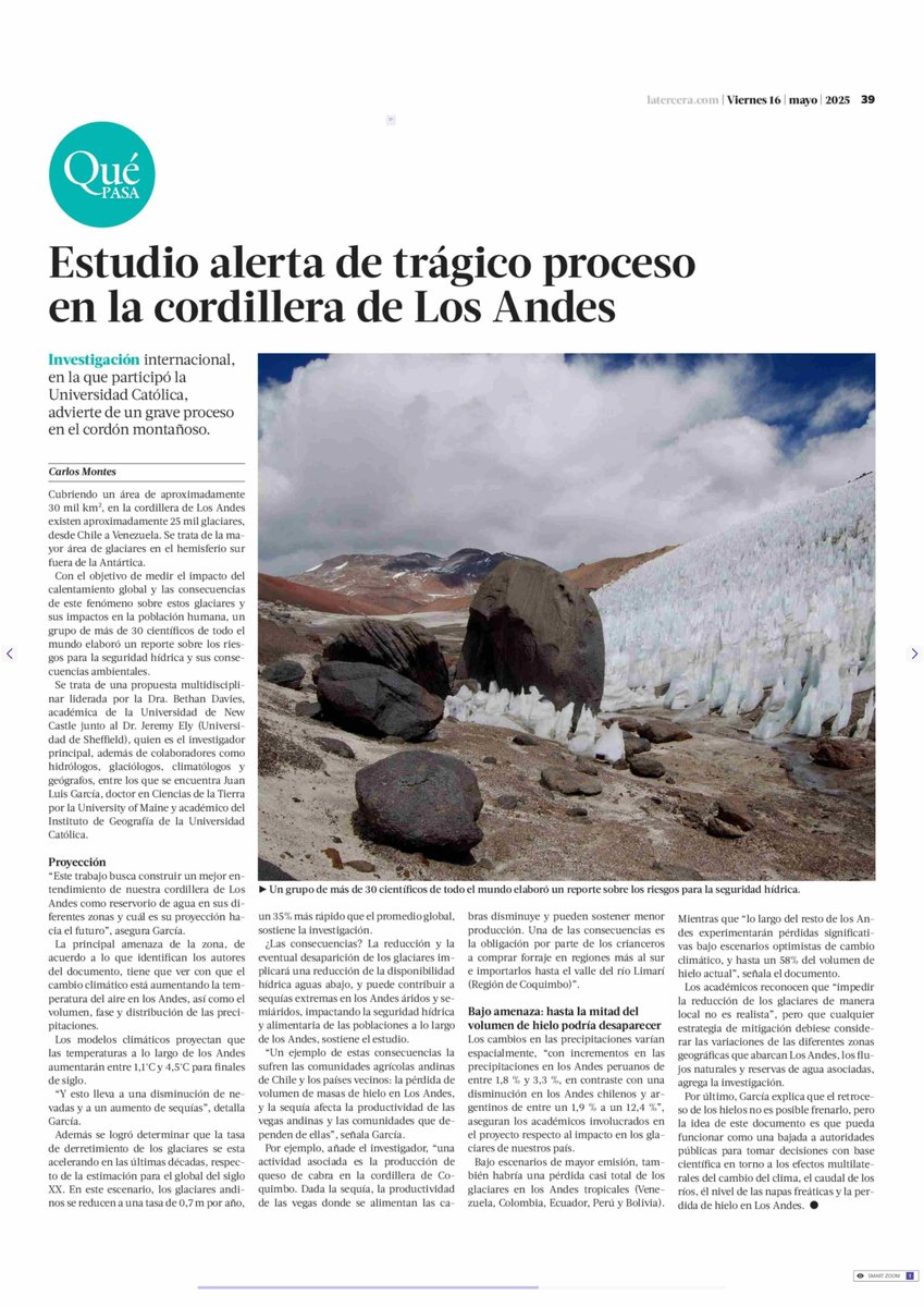 #InvestigaciónUC evidencia el cambio climático como la principal amenaza para la Cordillera de Los Andes🗻🔍. El aumento de la temperatura del aire, el volumen, fase y distribución de las precipitaciones podría disminuir hasta la mitad del hielo🧊: acortar.link/93nXQi