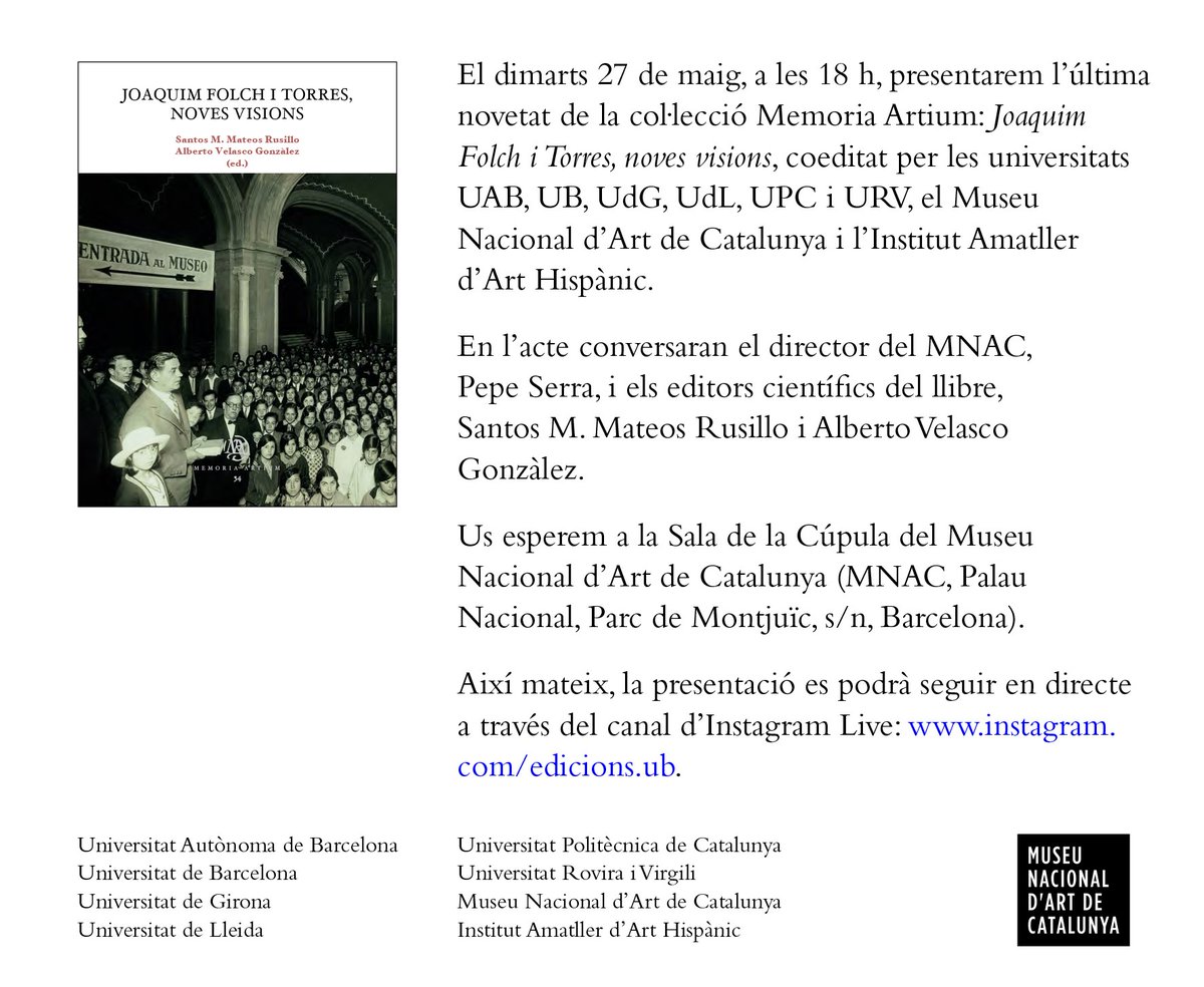 Albert Velasco (@velasc_alberto) on Twitter photo A veure, el proper 27 de maig us vull veure A TU TOT TOTHOM al MNAC (<a href="/MuseuNac_Cat/">Museu Nacional d'Art de Catalunya | MNAC</a>), perquè el llibre s'ho mereix, els que l'han escrit també, i pq Joaquim Folch i Torres és digne de tots els homenatges que puguem fer-li.
No sé si sou conscients del gran favor que ens va fer. A veure, el proper 27 de maig us vull veure A TU TOT TOTHOM al MNAC (<a href="/MuseuNac_Cat/">Museu Nacional d'Art de Catalunya | MNAC</a>), perquè el llibre s'ho mereix, els que l'han escrit també, i pq Joaquim Folch i Torres és digne de tots els homenatges que puguem fer-li.
No sé si sou conscients del gran favor que ens va fer.