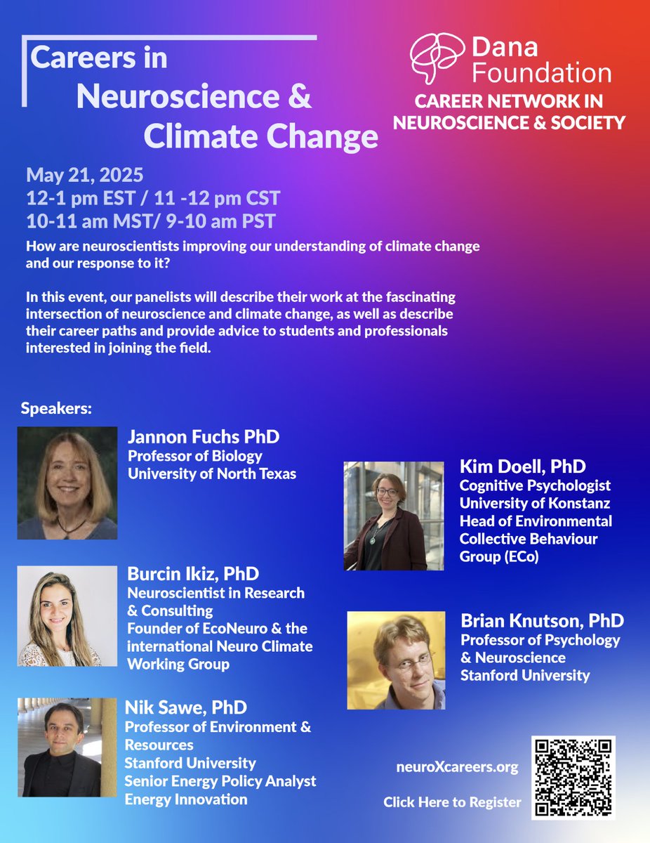 neuroXcareer's tweet image. JOIN the Dana Foundation Career Network in Neuroscience &amp;amp; Society tomorrow, May 21st 2025 for an event on Careers in Neuroscience &amp;amp; Climate Change!

umn.zoom.us/meeting/regist…

#neuroscience #climatechange #careers #sustainability