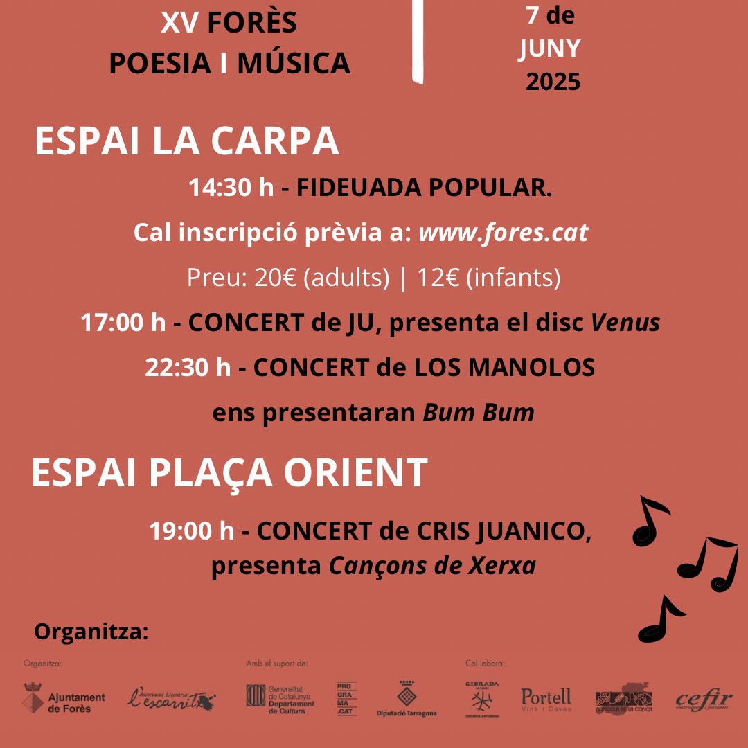 🎶 Arriba la XV edició del Forès Poesia i Música

👉🏻 Acció realitzada amb el suport de <a href="/Dipta_cat/">Diputació de Tarragona</a> <a href="/cultura_cat/">Cultura</a> 

🎤 No et perdis les presentacions, recitals i concerts. Un dia on la cultura, les emocions i l’art seran les protagonistes. 

#ImpulsDipta #turismeforès #cultura