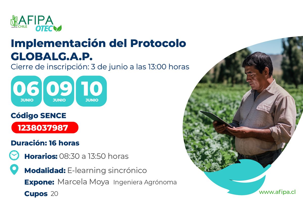 afipachile's tweet photo. ¿Trabajas en el agro? 🌱
Capacítate con AFIPA OTEC en el curso “Implementación del Protocolo GLOBALG.A.P.”
📅 6, 9 y 10 junio
💻 Online 
🕒 08:30 a 13:50 hrs
📌 Inscripciones hasta el 3/06
✉️ Más info: pgarcia@afipa.cl
#AFIPACapacita #GLOBALGAP #AFIPAOTEC #AgroSustentable https://t.co/5EOWhVrqRP