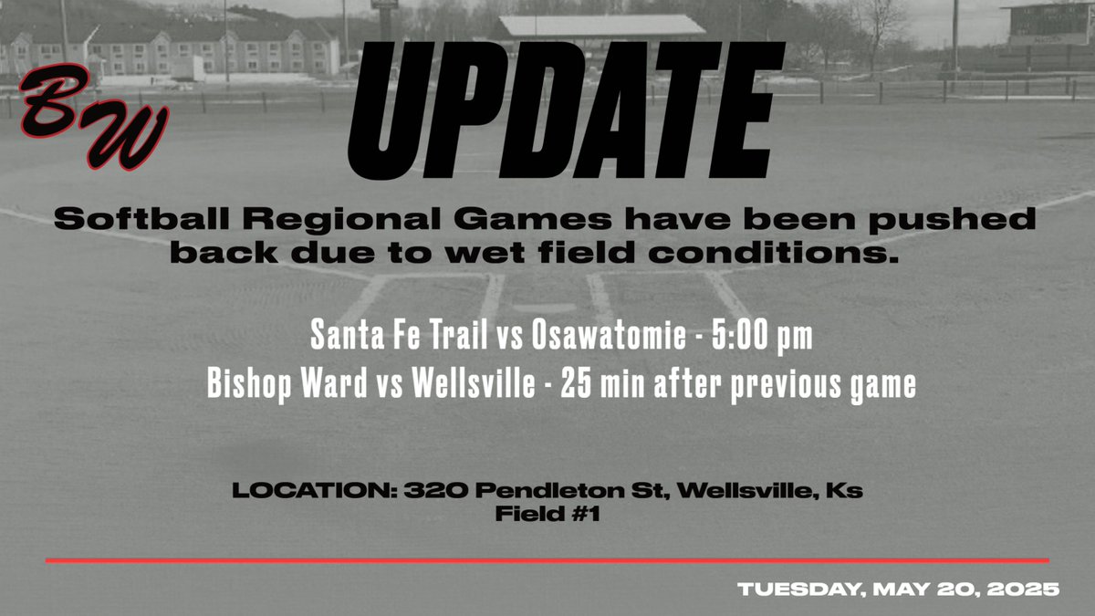 Due to wet field conditions, regional softball games have been pushed back to 5:00 pm today @ Wellsville.
