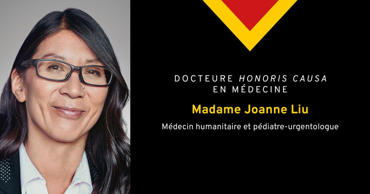L'Université Laval décerne un doctorat honoris causa à Joanne Liu 👏

Médecin pédiatre, l'ancienne présidente internationale de Médecins sans frontières Joanne Liu est récompensée pour son engagement humanitaire et philanthropique en santé mondiale👇
bit.ly/43pIfQr