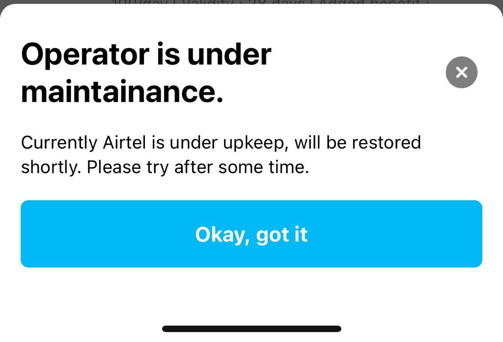 singhadi06's tweet photo. @Airtel_Presence  @airtelindia What’s going on?
Tried recharging my SIM  but your app says “Operator is under maintenance.” This has been happening for a while now. Please fix it ASAP – it’s urgent.
#Airtel #RechargeIssue #AirtelDown https://t.co/6chRmBccnN