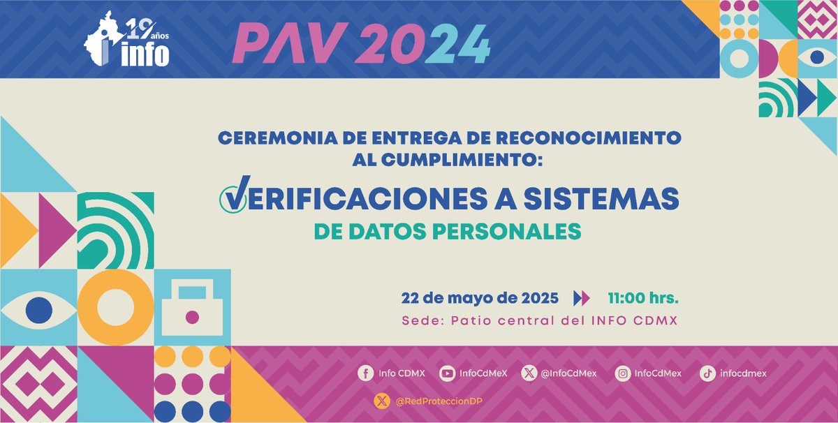 #AgendaINFO 📖| Reconoceremos a sujetos obligados en el cumplimiento: ✅ “Verificaciones a sistemas de datos Personales PAV 2024”.
✨Esta ceremonia será en el Patio Central de nuestro Instituto, el jueves 22 de mayo a las 🕙11:00 hrs. 
¡Son bienvenidas y bienvenidos! 🙌🏾
