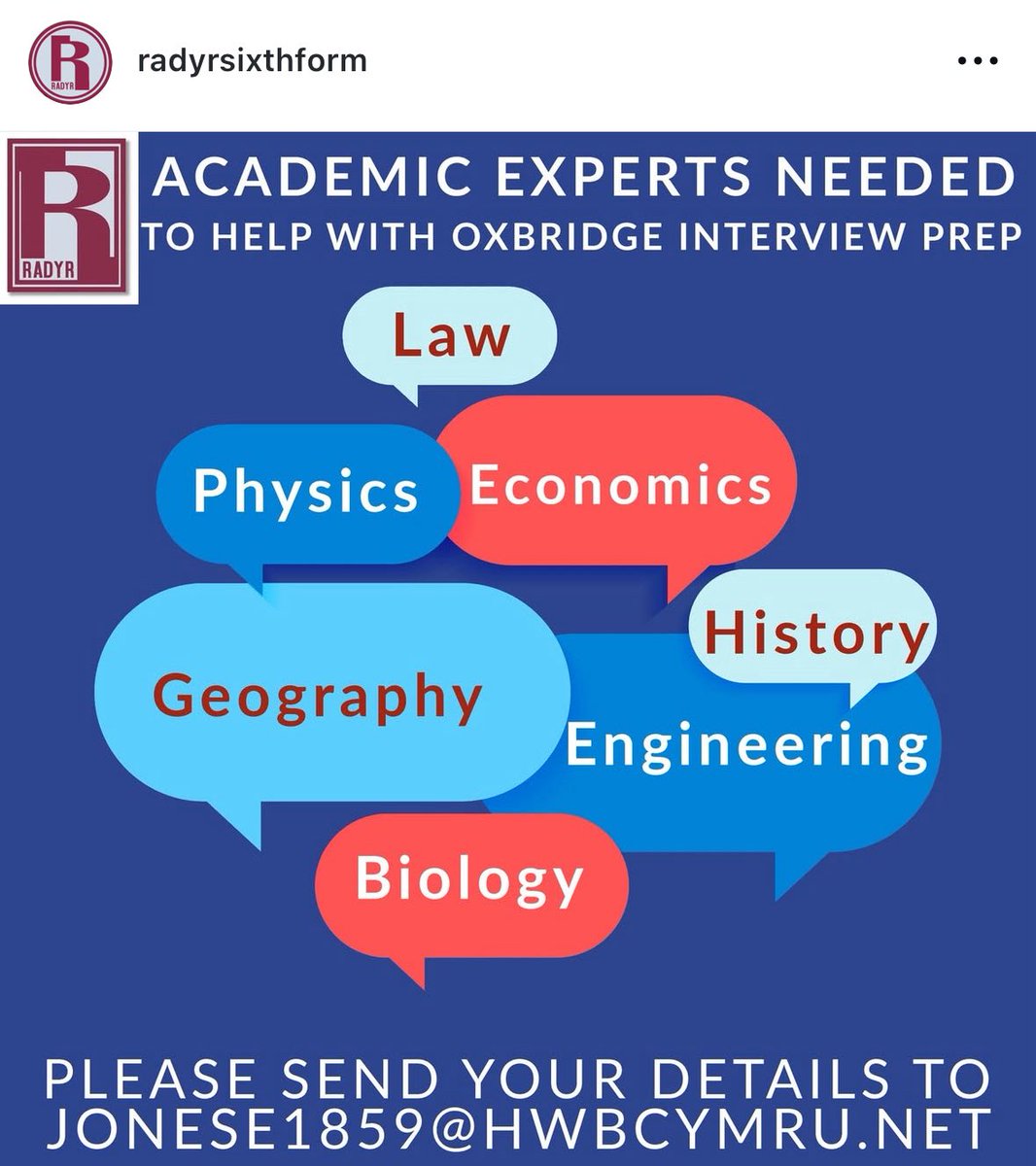 Radyr Sixth Form (@radyrsixthform) on Twitter photo Please get in touch with the email below if you have any academic expertise in the below subjects and willing to help our Oxbridge candidates with interview preparations.
<a href="/RMHub/">Radyr & Morganstown Hub</a> Please get in touch with the email below if you have any academic expertise in the below subjects and willing to help our Oxbridge candidates with interview preparations.
<a href="/RMHub/">Radyr & Morganstown Hub</a>