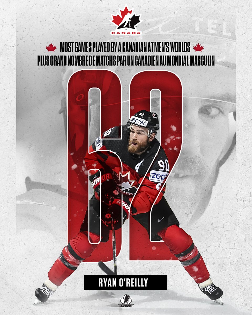 No one has played more games for 🇨🇦 at #MensWorlds than Ryan O'Reilly!

Personne n’a joué plus de matchs avec le 🇨🇦 au #MondialMasculin que Ryan O'Reilly!