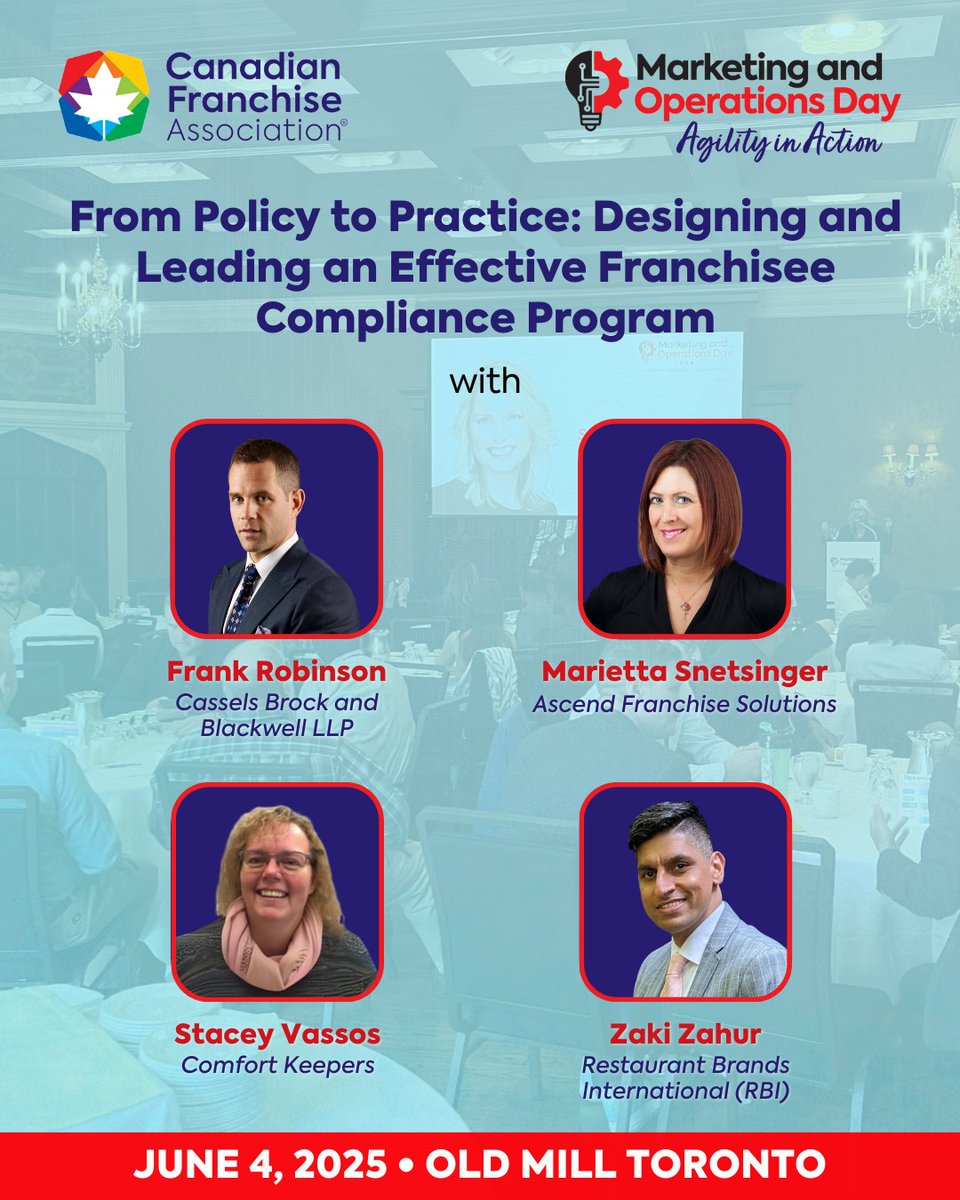 The operational needs of a franchise system can vary based on a number of factors like size, level of maturity, and more.

This session at #CFAMarkOps25 will take a closer look at franchisee compliance programs and the various opportunities and challenges: cfa.swoogo.com/marketingandop…
